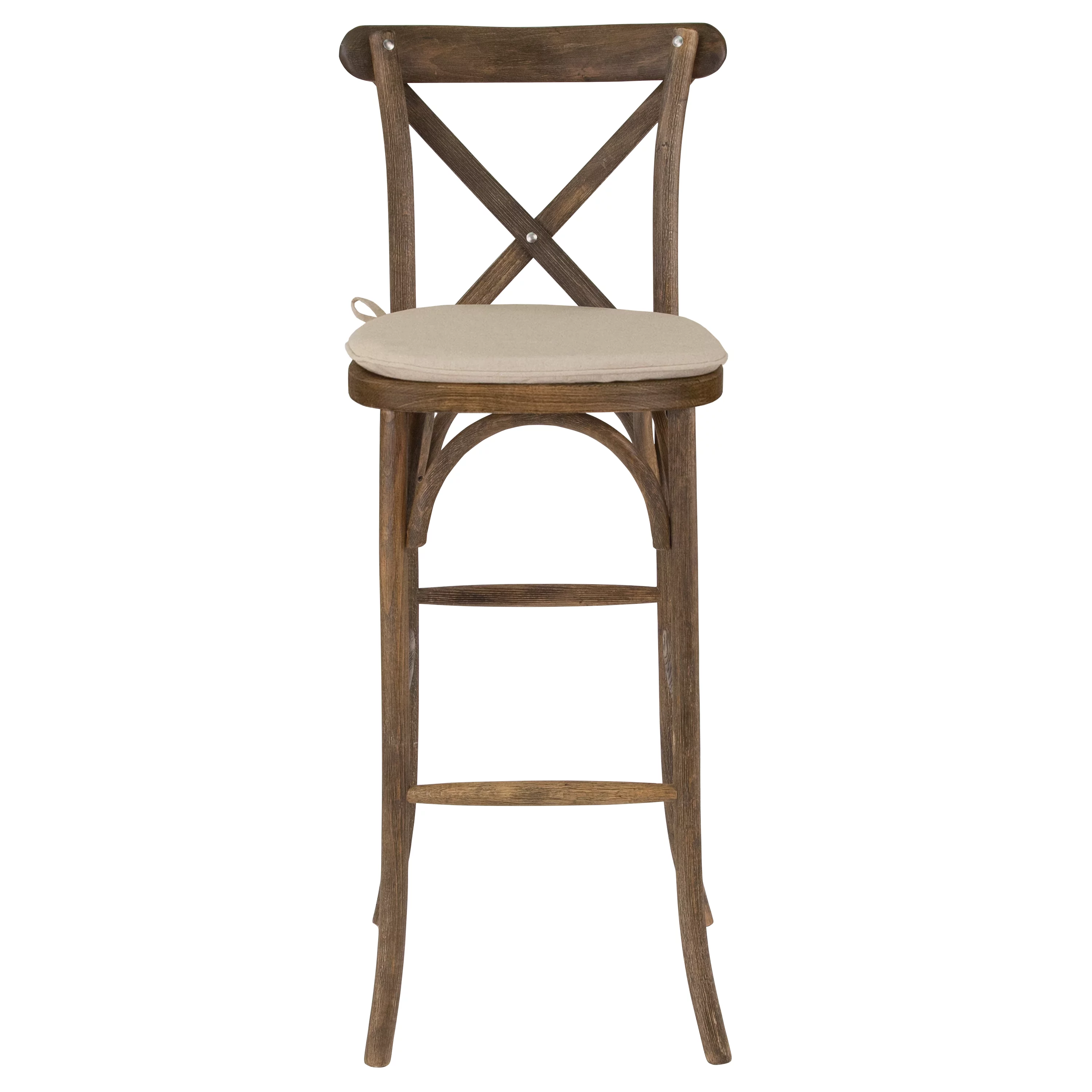 BizChair Dark Antique Wood Cross Back Barstool with Cushion