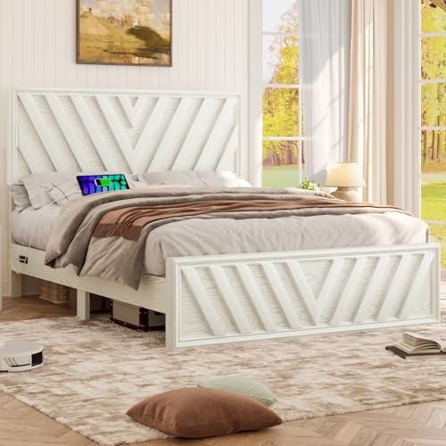 Full Bed with Adjustable Headboard, Farmhouse Platform Bed Wood with LED Light and Charging Station, Diagonal Line & Rustic Brown