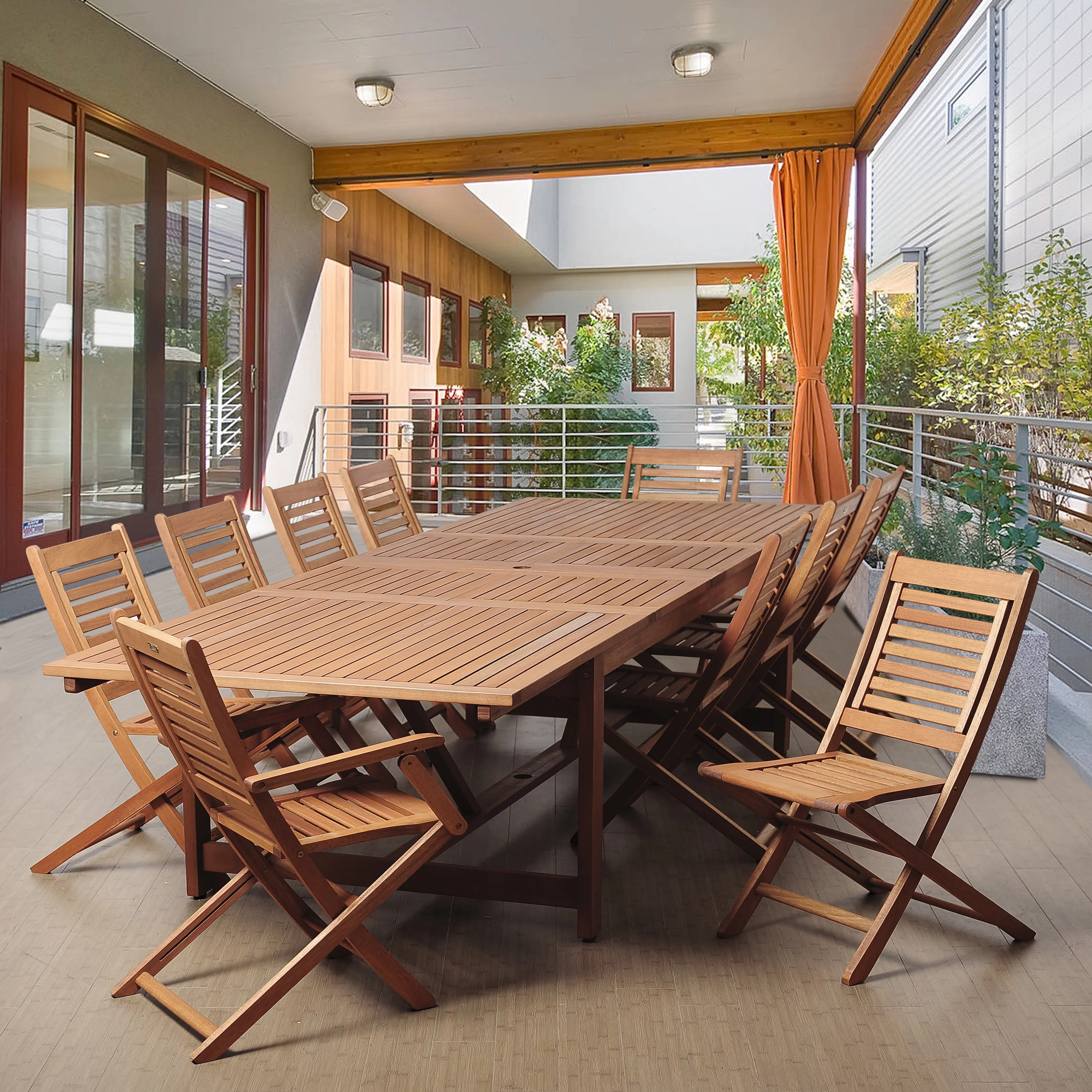 Amazonia Brandon 11-Piece Rectangular Extendable Patio Dining Set | Eucalyptus Wood | Ideal for Outdoors and Indoors, Seating Capacity: 10, Brown
