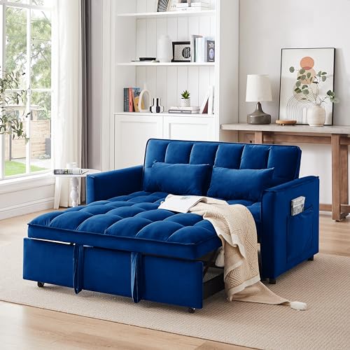 Sofa Bed, Futon Loveseat Sleeper Sofa with Pull Out Bed, Pockets and Pillows, 2 Seater Convertible Small Couch for Living Room Bedroom Apartment (Blue, Velvet)