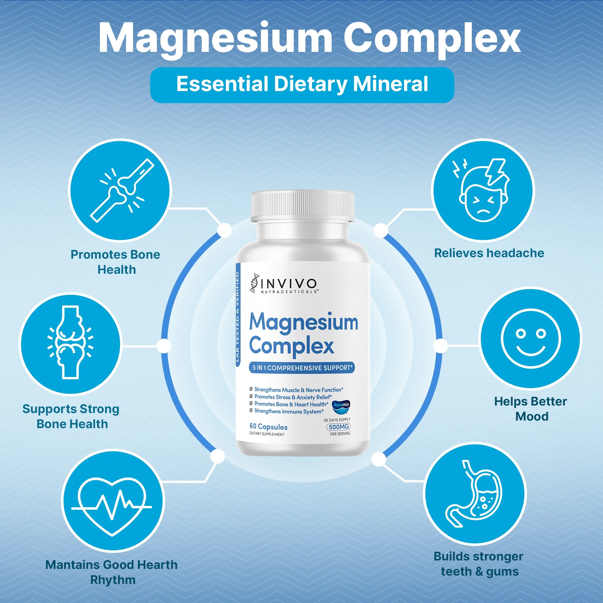 INVIVO Nutraceuticals Magnesium Complex Citrate Hydroxide Malate Oxide & 500 mg 60 Capsules