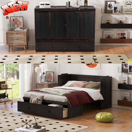 Harper & Bright Designs Queen Murphy Bed with USB Charging Station and Large Drawer, Wooden Queen Size Bed Wall Bed with Storage, Cube Cabinet Bed for Home Office Guest Room Bedroom,Espresso