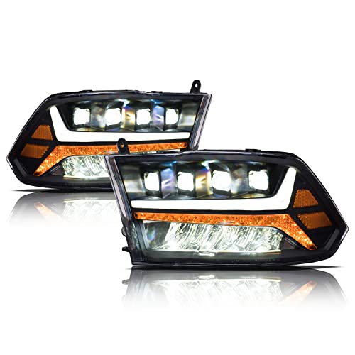 Alpha Owls 8710401 Crystal Headlights With Switchback Sequential LED Light Bar & Startup Light - Black Amber Fits 2009-2018 Dodge Ram 1500 2500 3500/2019-2023 Classic Halogen Models
