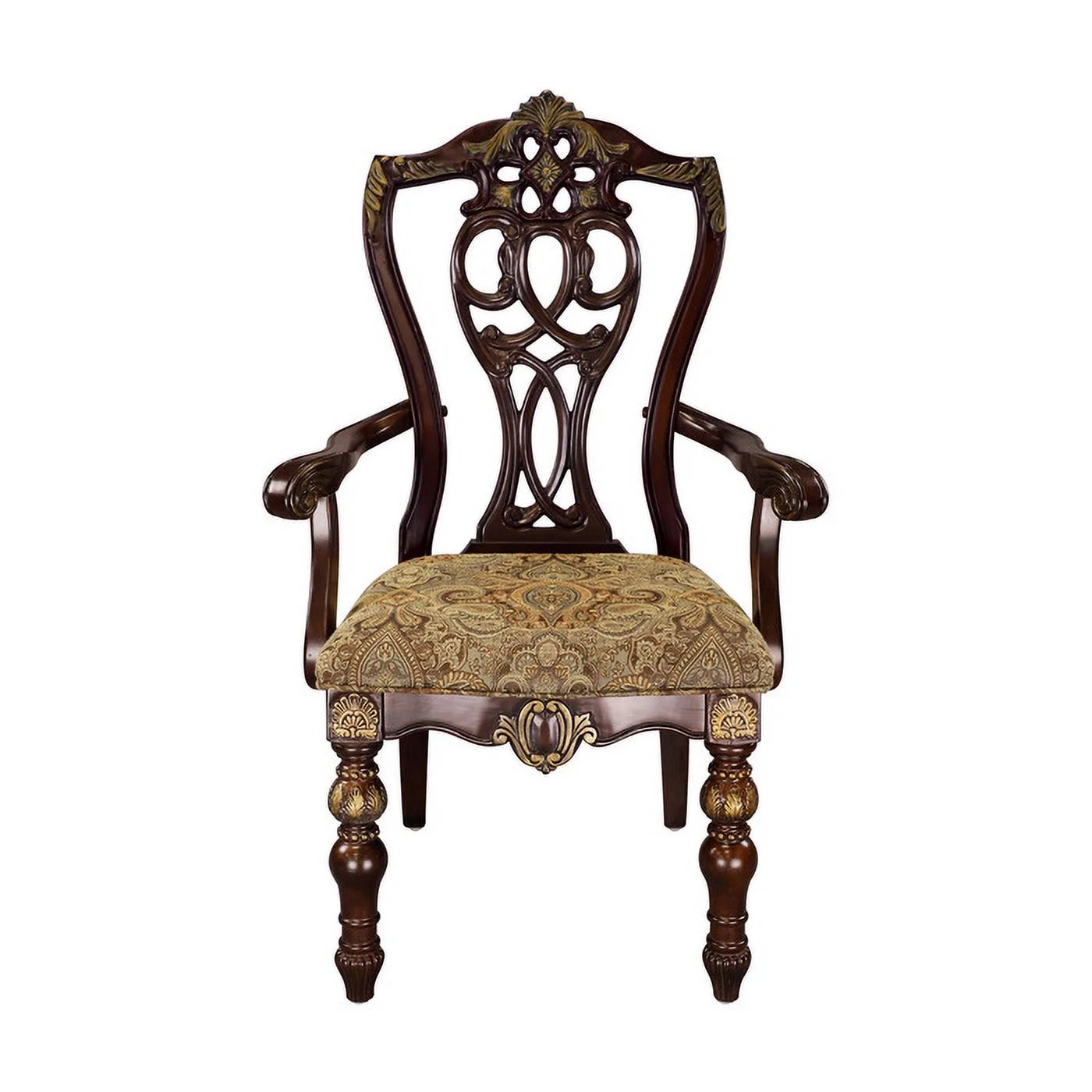 Fabric Upholstered Wooden Arm Chair With Intricate Back - Set of 2 Cherry Brown- Saltoro Sherpi
