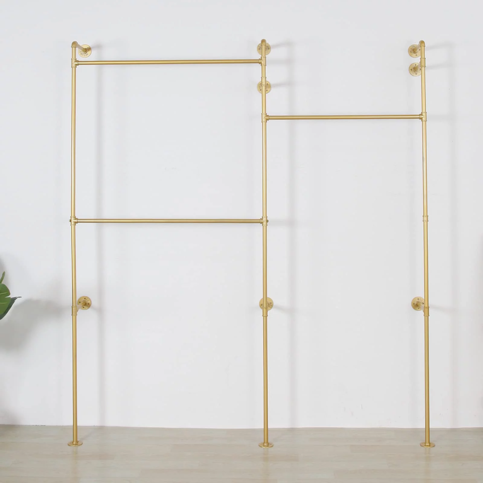 SSS Furniture Modern Simple Industrial Pipe Double Hanging Rods Clothing Rack, Clothes Rack Wall Mounted Heavy Duty Hanging Clothes Rack, Detachable Garment Bar 93.3X82.7inch (Gold)