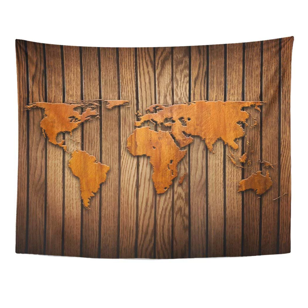 REFRED Brown Carve World Map Carving on Wood Plank Table Wall Vintage Timber Wall Art Hanging Tapestry Home Decor for Living Room Bedroom Dorm 51x60 inch