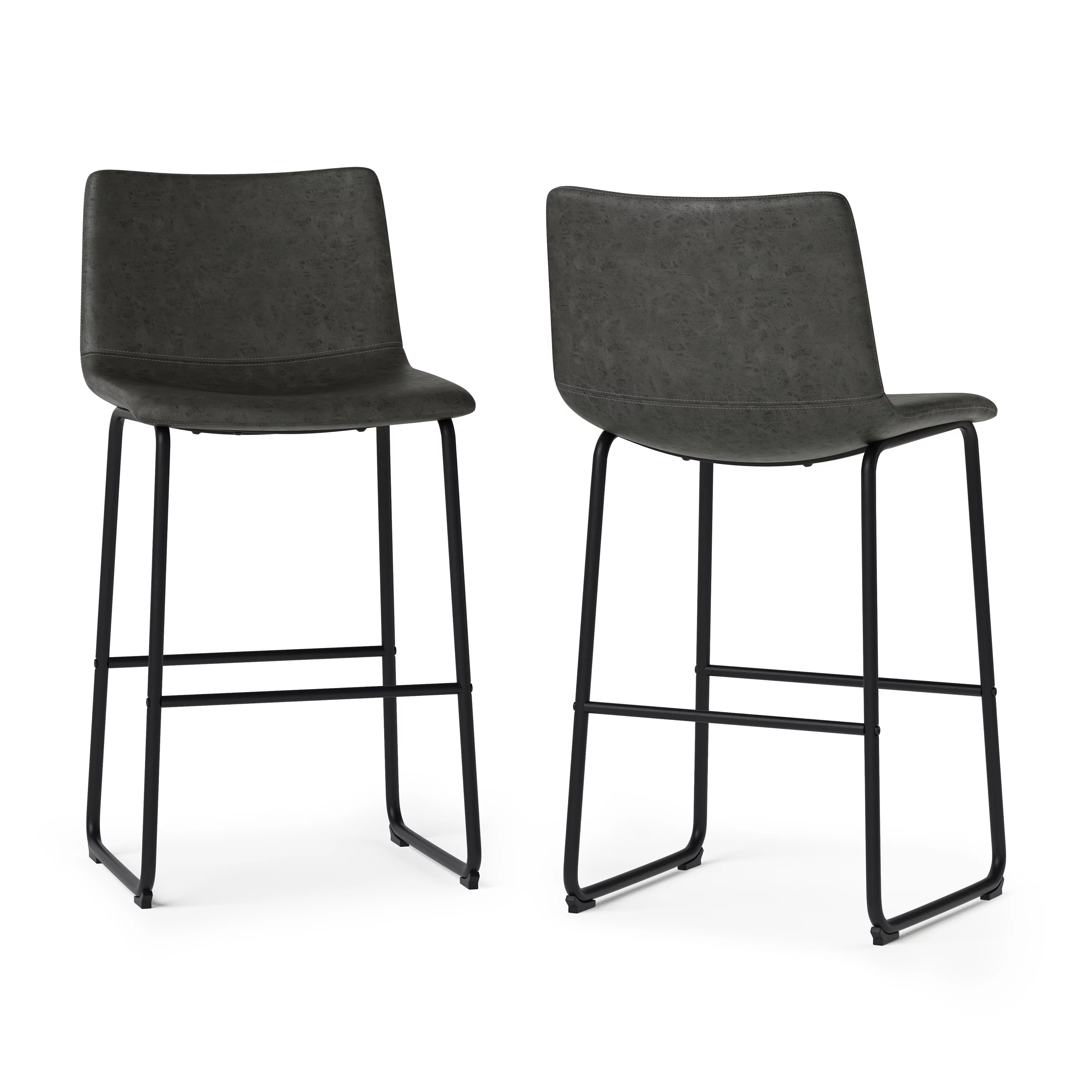 Simpli Home Warner Bar Stool (Set of 2) in Distressed Charcoal Grey Faux Leather