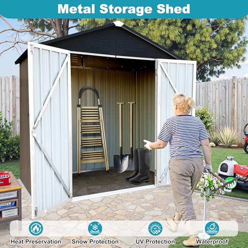 8x6 FT Outdoor Storage Shed, Metal Tool Shed with Lockable Doors, Peaked Roof & Frame Floor, Garden Shed with Vented Design for Backyard Garden Patio Lawn, Brown + Black