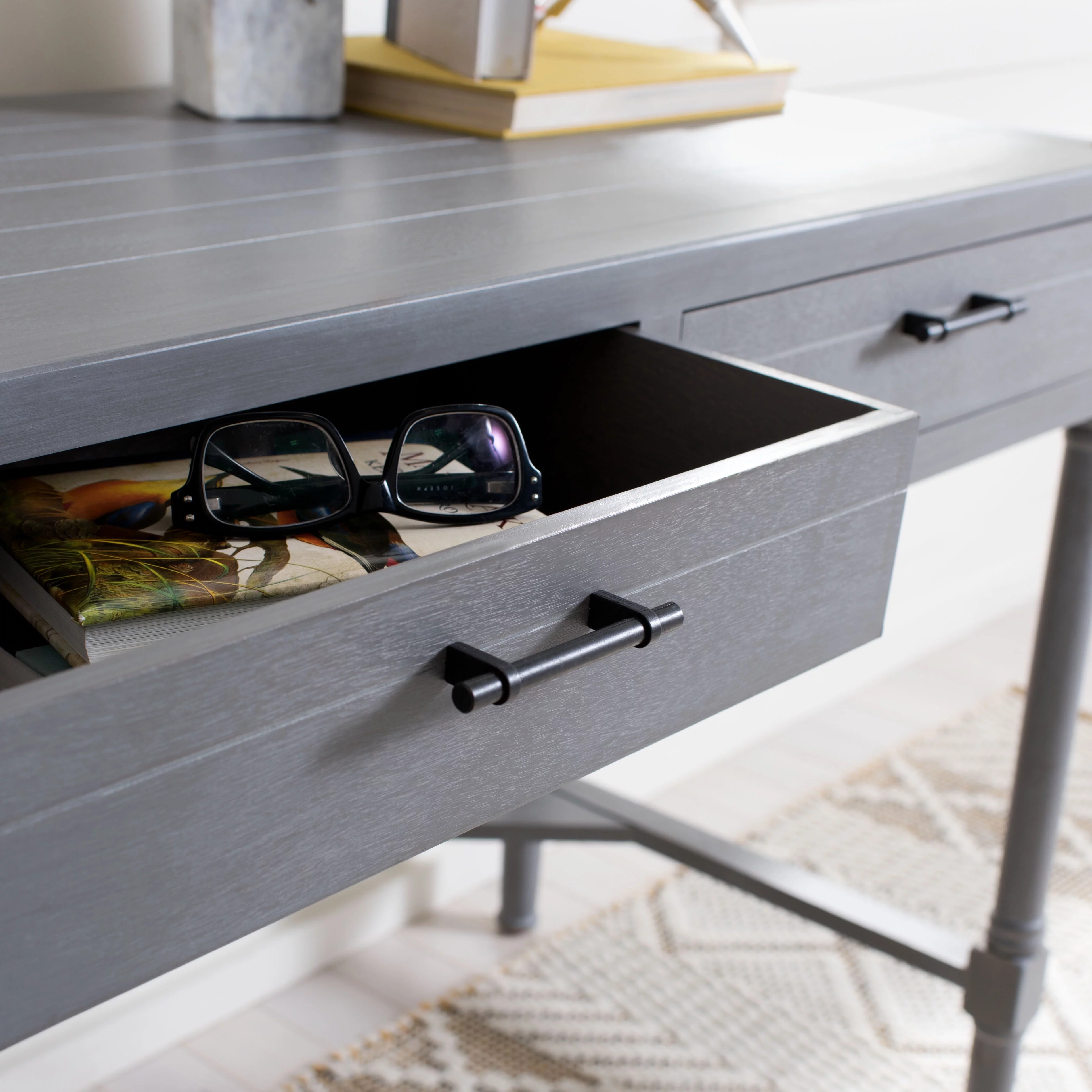 SAFAVIEH Filbert Solid Retro 2-Drawer Writing Desk, White Washed Grey