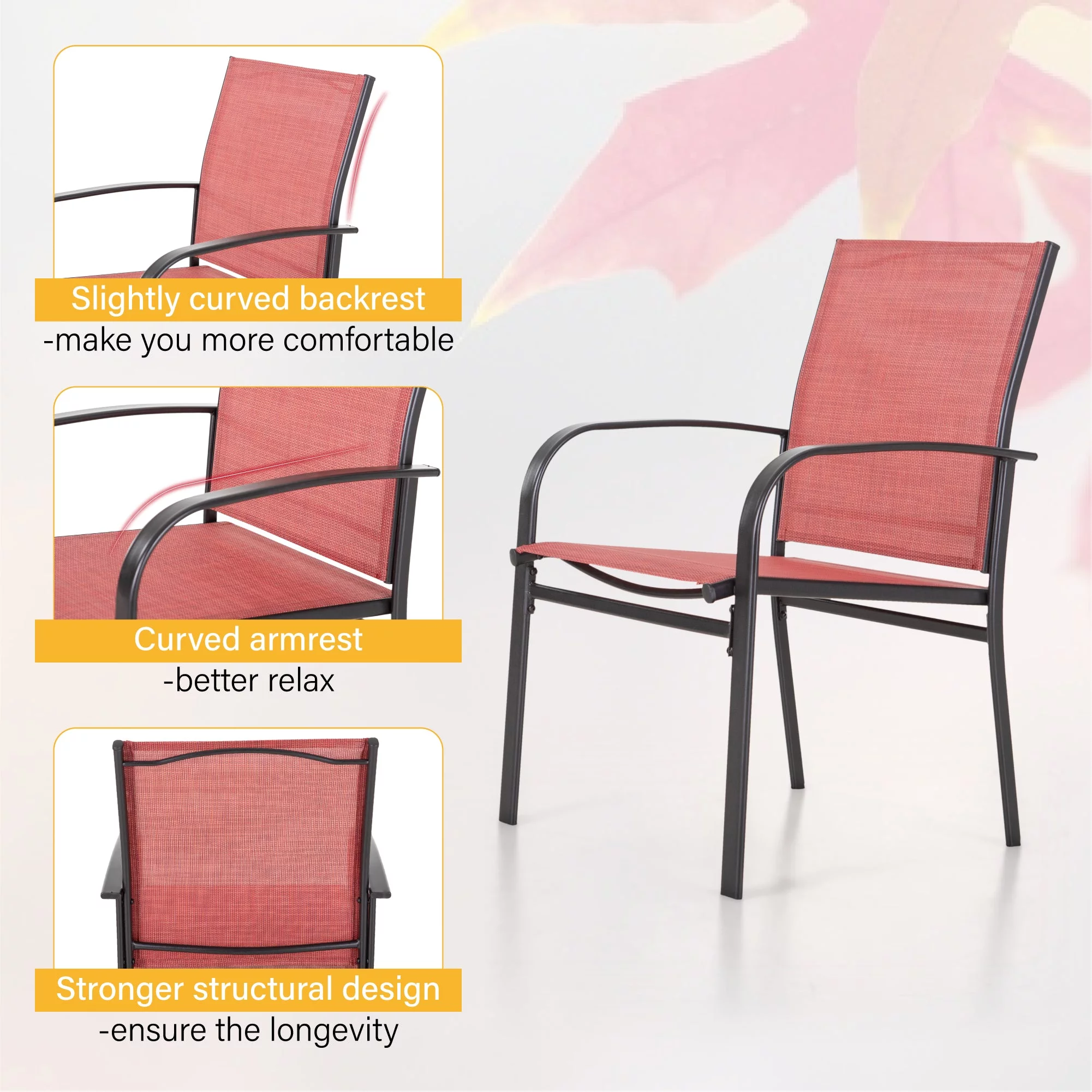 Sophia & William 7 Piece Patio Dining Set Teak Dining Table and 6 Red Textilene Chairs