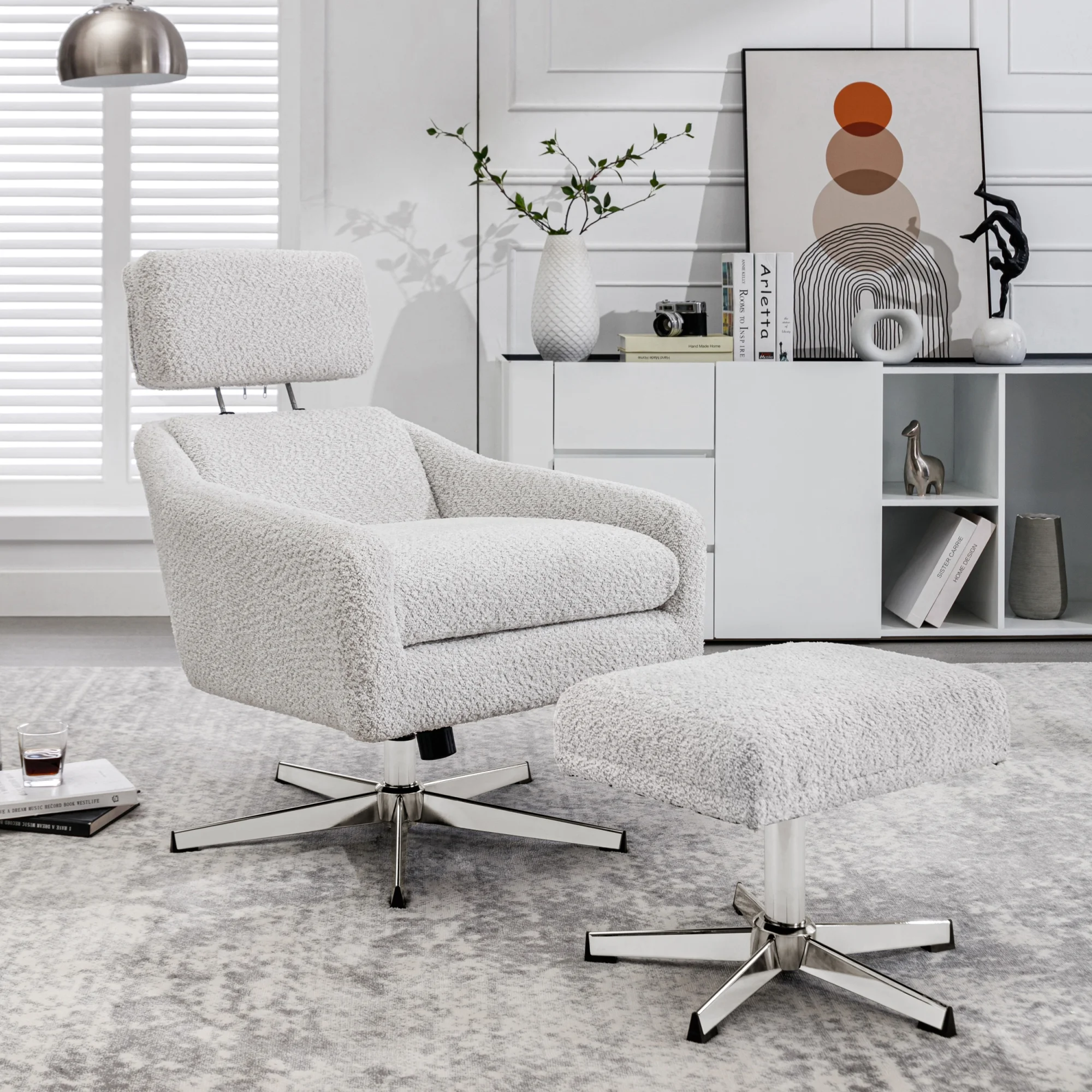 Swivel Armchair with Ottoman for Living Room, Bedroom, Office, Beige Linen