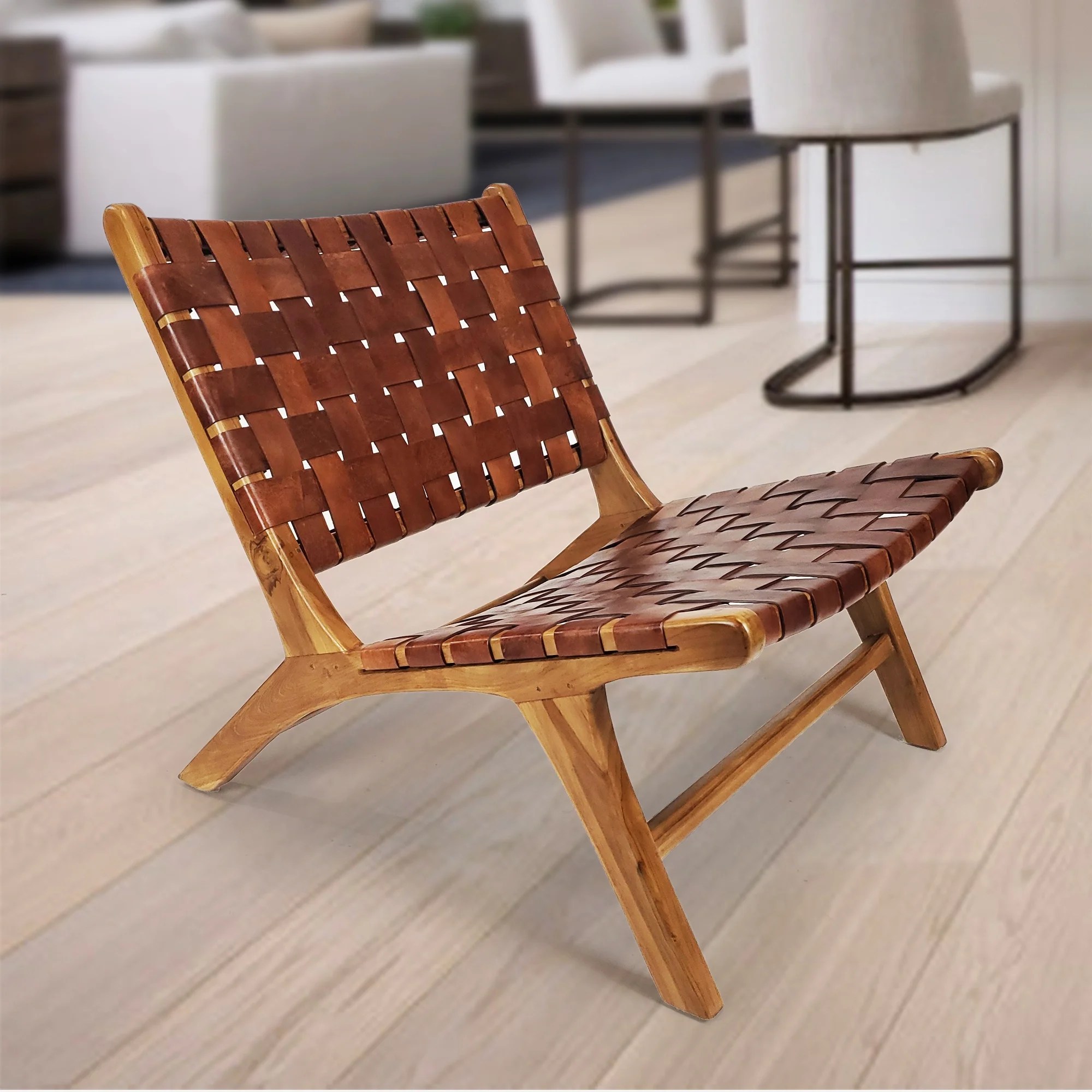 Warehouse of Tiffany Brisot Square Weave Leather on Teak Wood Lounge Chair Black