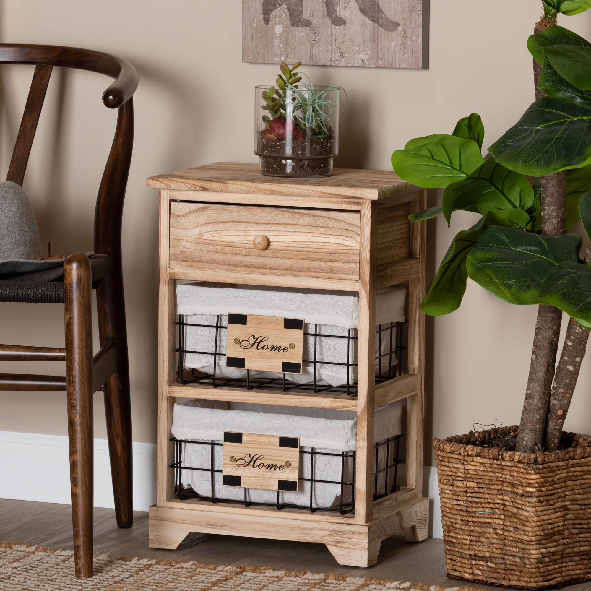 Baxton Studio Madra Modern and Contemporary Oak Brown Finished Wood and 1-Drawer End Table With Baskets