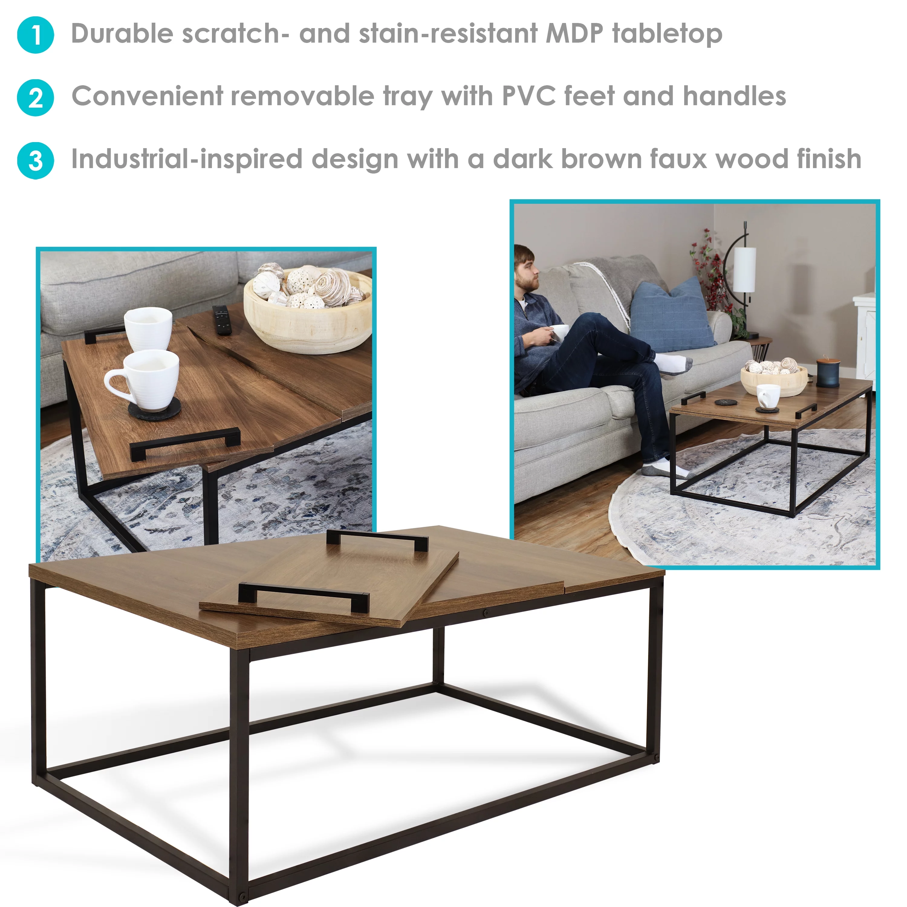 Sunnydaze Industrial-Style Coffee Table with Removable Serving Tray - MDP Construction with Powder-Coated Steel Frame - Brown