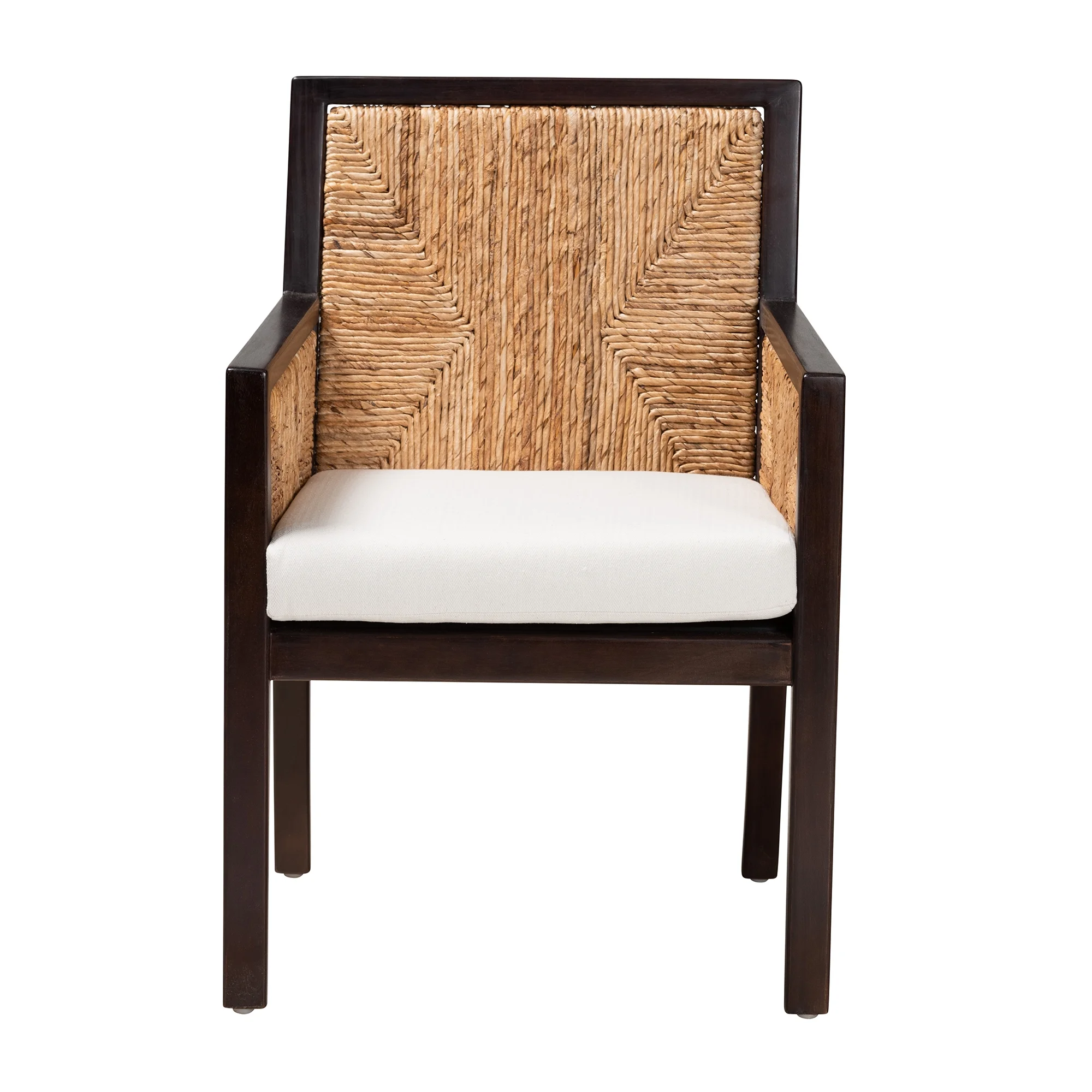 bali & pari Joana Modern Bohemian Dark Brown Mahogany Wood and Natural Abaca Dining Arm Chair