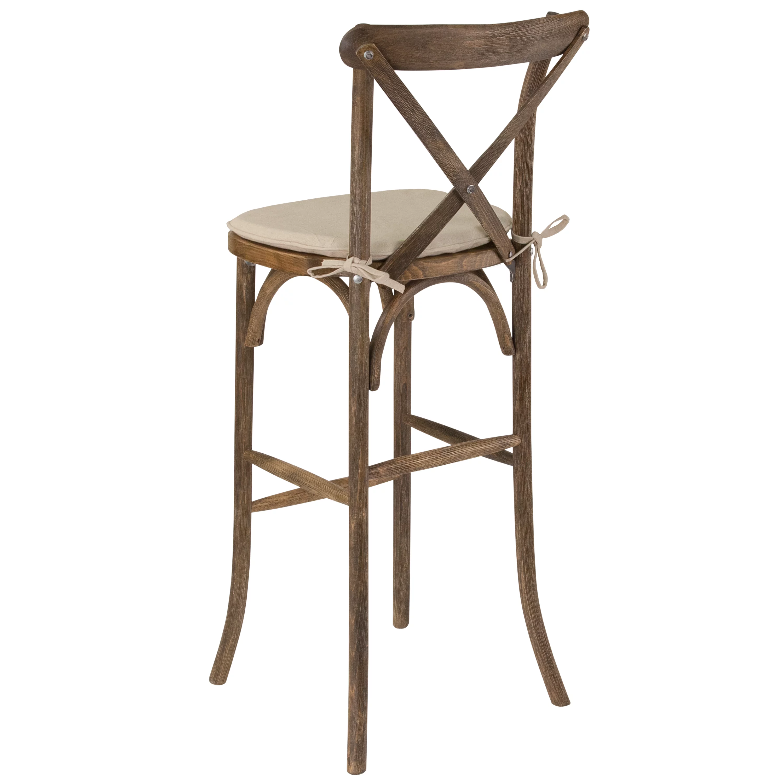 BizChair Dark Antique Wood Cross Back Barstool with Cushion