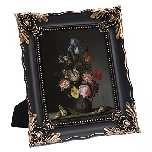 8x10 Vintage Picture Frame with Embossed Flower Design, Black Ornate Frame for 8x10 or 5x7 Pictures with White Mat, Hand-Crafted Resin Antique Frames for Tabletop & Wall Hanging, Home Decor (Black)