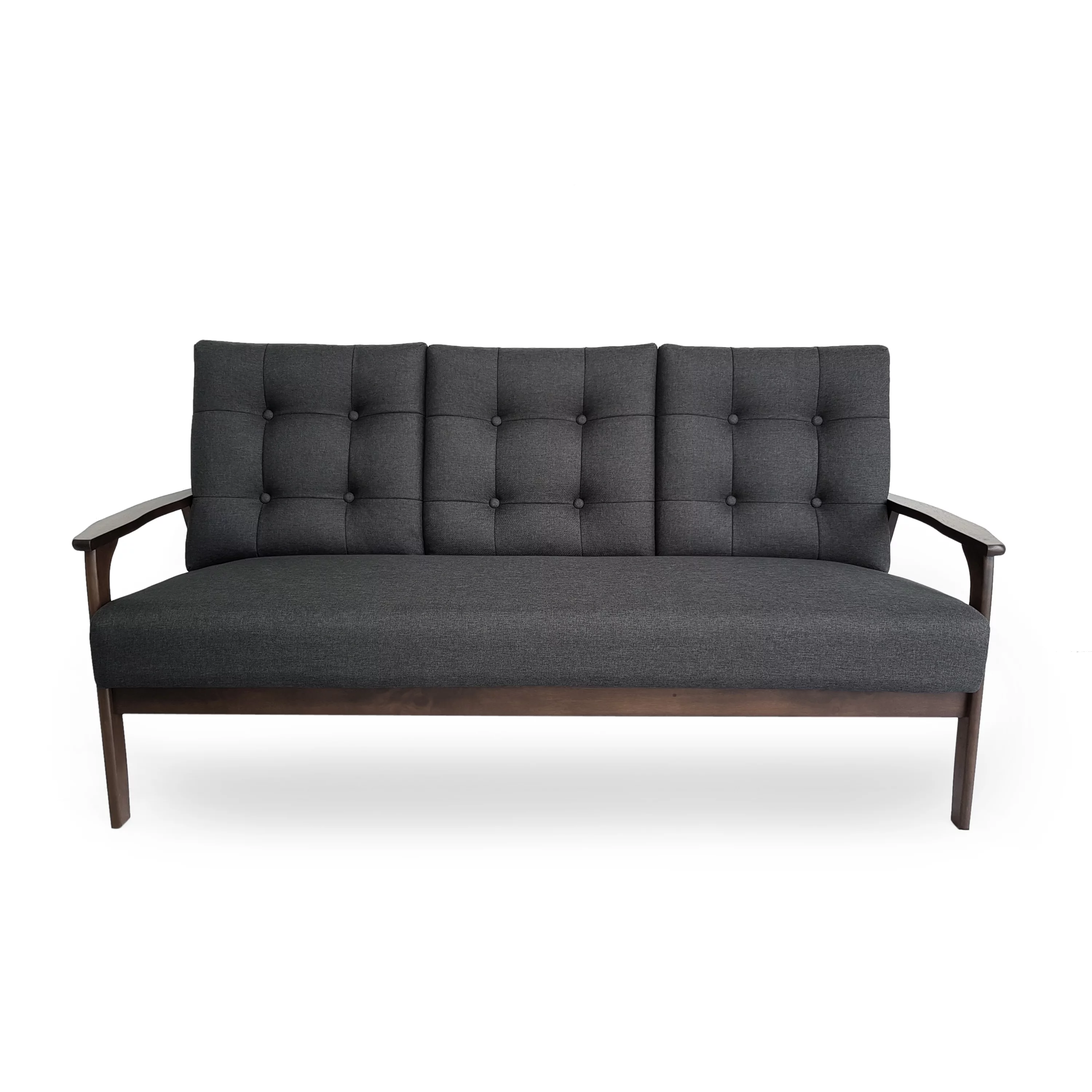 GDF Studio Prescott Mid Century Modern Fabric Tufted 2 Piece Sofa and Loveseat Living Room Set, Charcoal Gray and Walnut