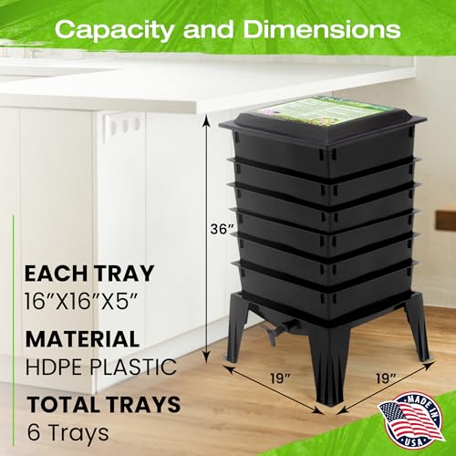 Worm Factory® 360 Black US Made Composting System for Recycling Food Waste at Home – 4 Trays for Efficient Vermicomposting – Durable, Space-Efficient Design, Easy to Assemble, No Odor