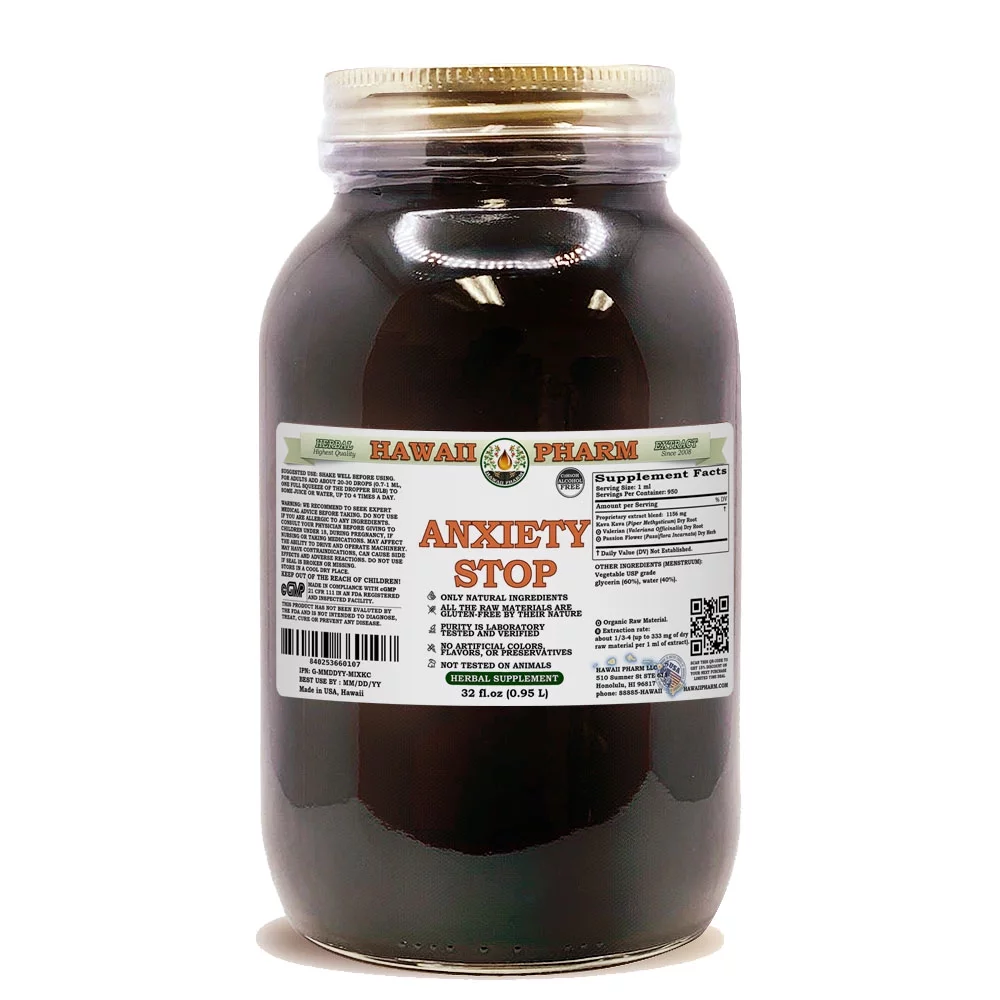 Anxiety Stop ALCOHOL-FREE Liquid Extract Glycerite. Expertly Extracted by Trusted HawaiiPharm Brand. Absolutely Natural. Proudly made in the USA. Glycerite 32 Fl.Oz