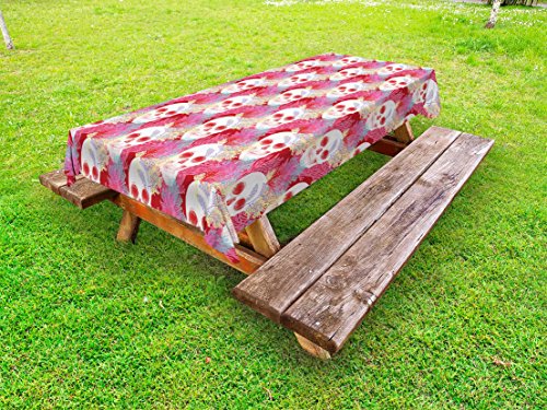Ambesonne Coral Outdoor Tablecloth, Double Exposured Graphic Mexican Skull Bones and Exotic Creepy Dead with Plants, Decorative Washable Picnic Table Cloth, 58