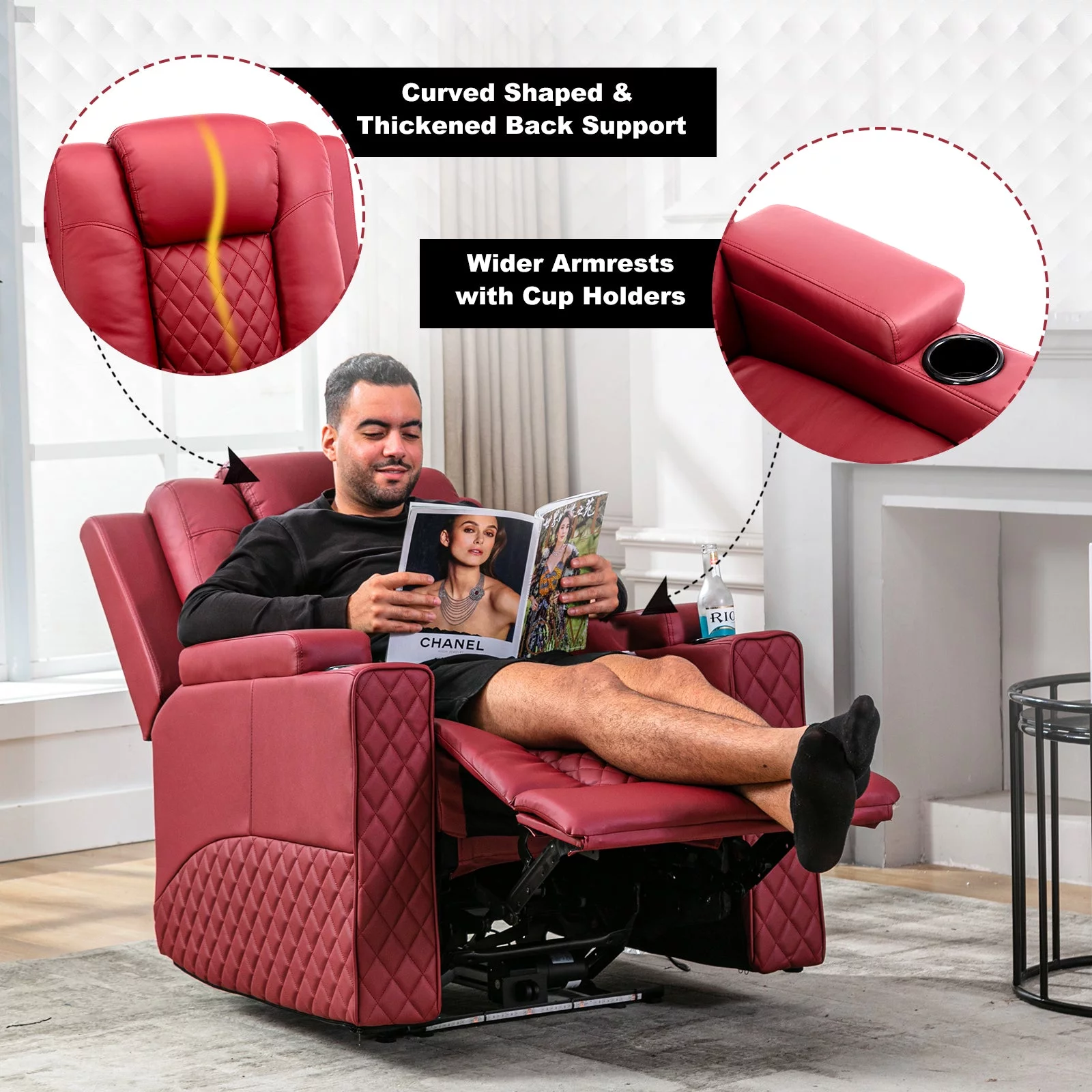 COMHOMA Massage Recliner Chair PU Leather Big Living Room Theater Sofa Chair with LED Light, Red