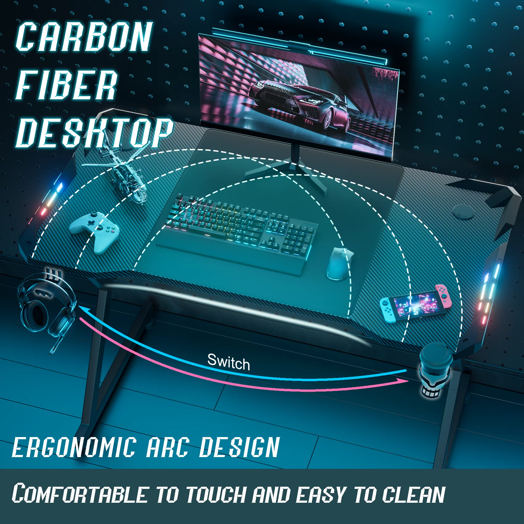 HLDIRECT 55 Inch Gaming Desk with LED Lights, Ergonomic Computer Gaming Table with Carbon Fibre Surface, Sturdy PC Workstation Desk for Gaming and Home Office with Headphone Hook, Cup Holder, Black