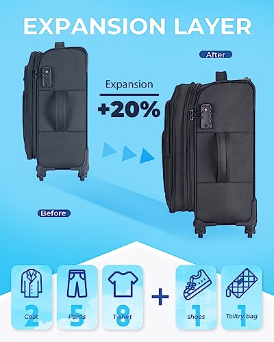 BAGSMART Expandable 20 inch Carry on Luggage Airline Approved, Lightweight Carry on Suitcase with Spinner Wheels, Family Travel Suitcase Set with Duffle Bag-Black