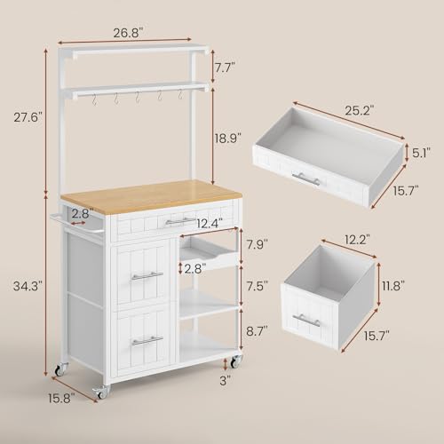 Itaar Kitchen Island with Storage, Rolling Kitchen Island Cart with Shelves and Drawers, Towel Rack, 8 S Hooks, Kitchen Cart on Wheels, for Home, Dining Room, White