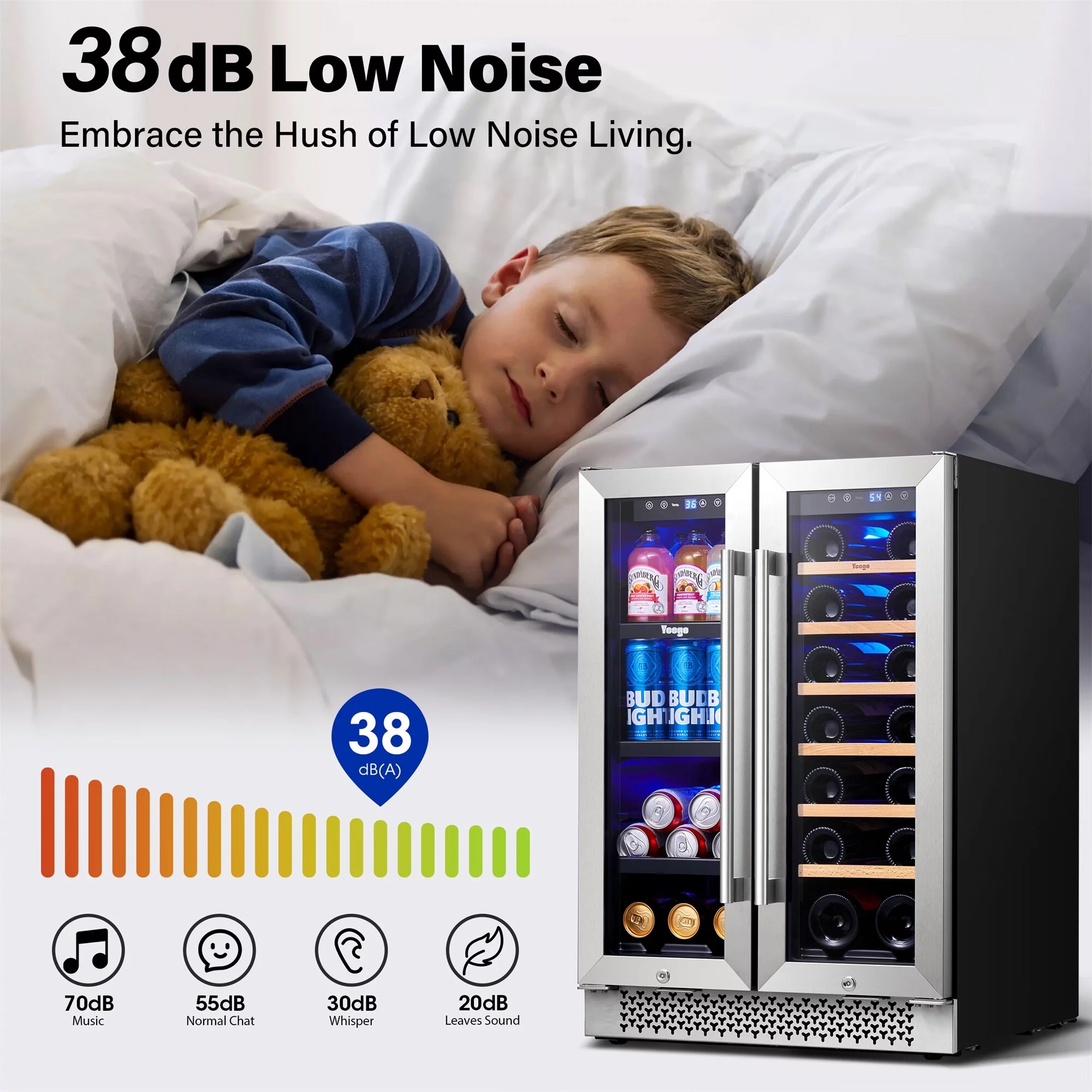 Yeego 24 Inch Wine and Beverage Refrigerator,60 Cans and 20 Bottles Dual Zone Wine Fridge Cooler,Stainless Steel French Door