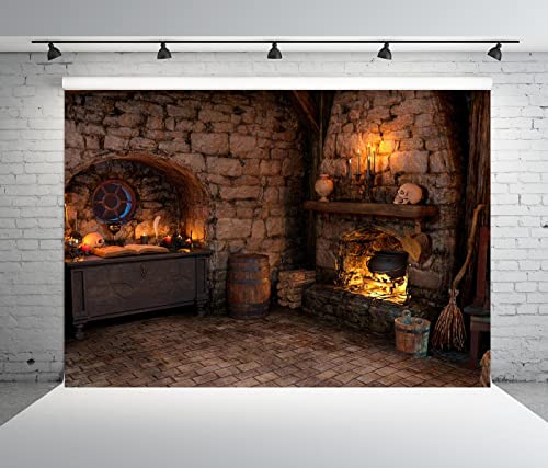 BELECO 20x10ft Fabric Spooky Cottage Backdrop Halloween Magic Room Kitchen Fireplace Magical Potion Books Candle Skulls Sorcerer Photography Background Witch Party Decorations Photo Props
