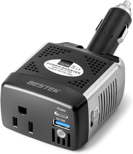 BESTEK 150W Power Inverter 12V to 110V Voltage Converter PD30W QC18W Car Charger Power Adapter with Charging Ports