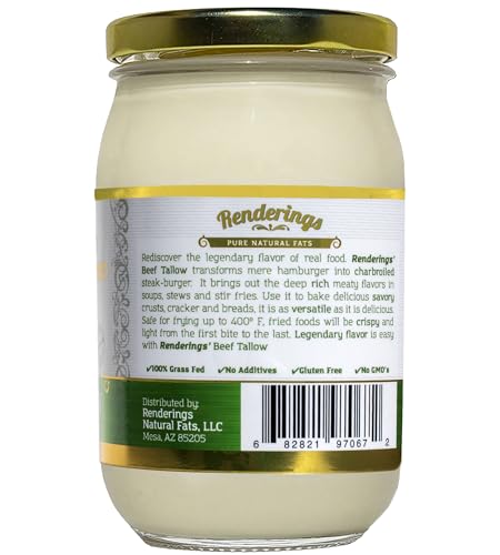 Renderings Beef Tallow, 100% Grass-Fed & Finished, Cooking, Baking and Frying, 14 oz jar
