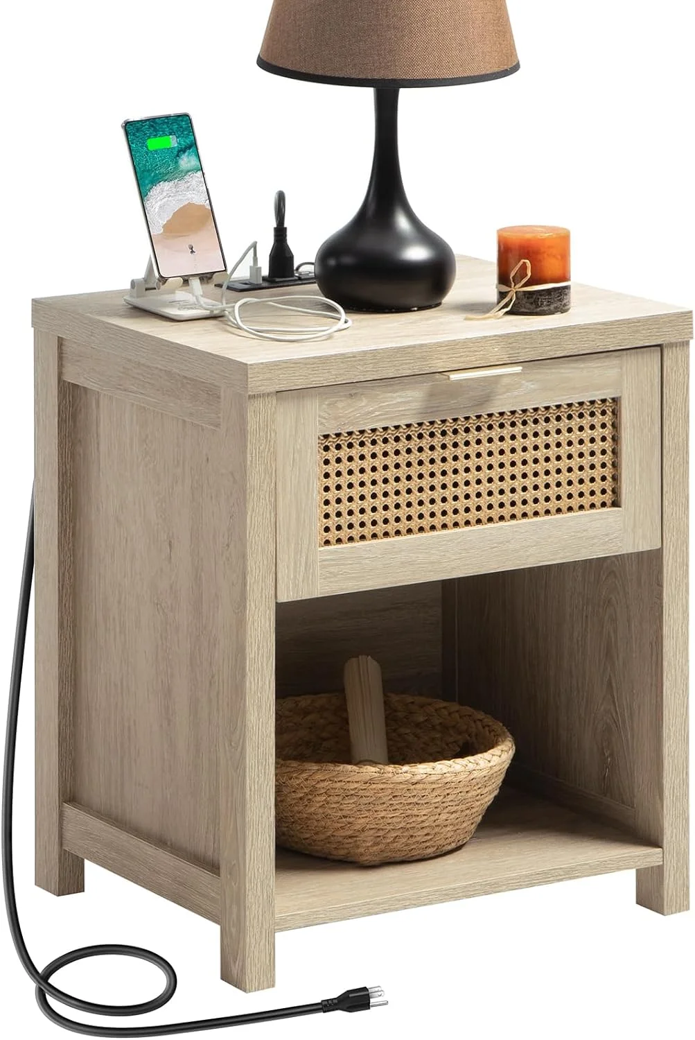 RUNFAYBIU Farmhouse Nightstand with Charging Station - Wood Night Stand with Drawer and    Accent Bedside Table with USB Ports & Outlets   End Table  for Bedroom Living Room