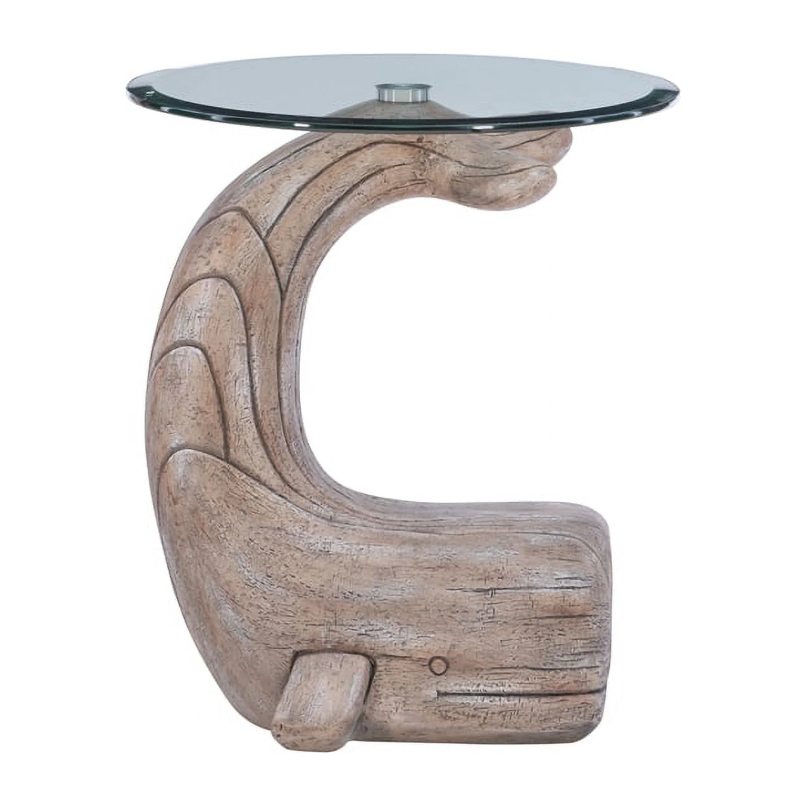 Linon Mabry Whale Sculptured Glass Top Rustic Accent Table in Driftwood Finish