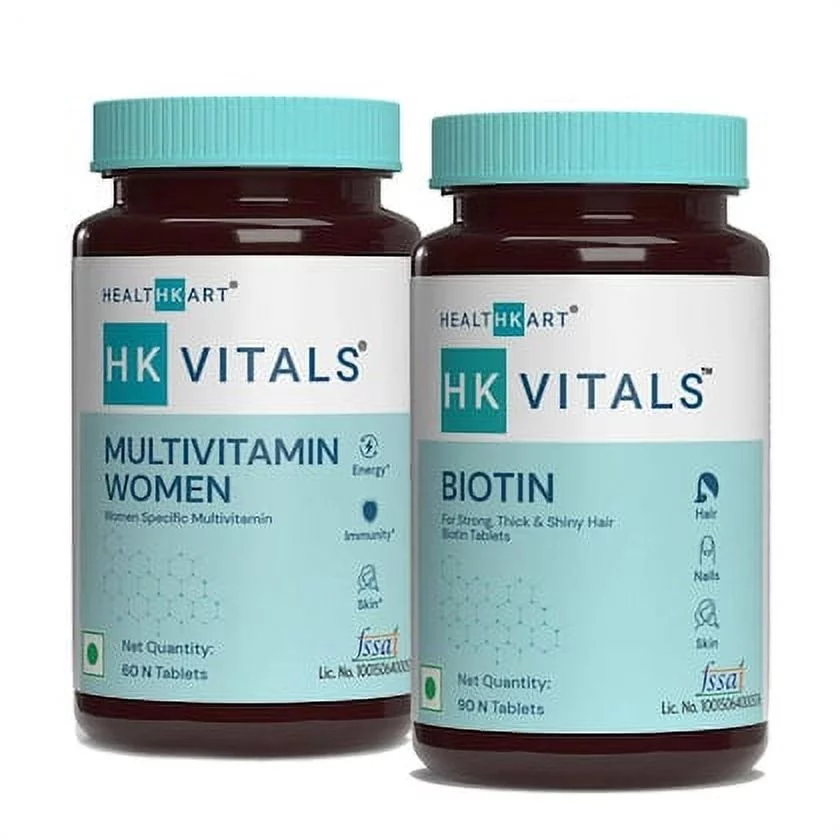 HealthKart HK Vitals Biotin 10000 mcg, for Hair, Skin & Nails Health, 90 Biotin Tablets and Multivitamin for Women with Ginseng Extract, Taurine and Multiminerals, 60 Multivitamin Tablets (Combo)