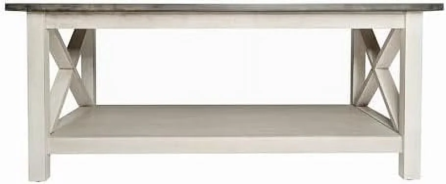 KHBIULIFE Farmhouse Style Solid Wood Coffee Table with Traditional X-Frame Design and Lower  in Acacia Gray and Rustic White