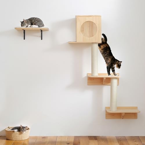 Wall Cat Tree, Cat Tree Wall Mounted, Cats Climbing Tower, Cats Furniture Shelves, Stairs, Mount, Climber, Activity, Floating House, Condo, Playground, Obstacle Course, Indoor Gym, 51 x 35 Inch