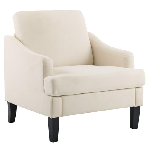 Bezseller Modern Accent Chair, Upholstered Reading Armchair with Wood Legs, Mid-Century Leisure Comfy Single Sofa Chair for Living Room, Bedroom, Home, Office, Beige