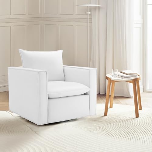 COLAMY Swivel Accent Chair, 34 Inches Wide Upholstered Arm Chair with Plump Back Pillow, Modern Sofa Living Room Chair for Bedroom, Corner, Reading Nook-Beige