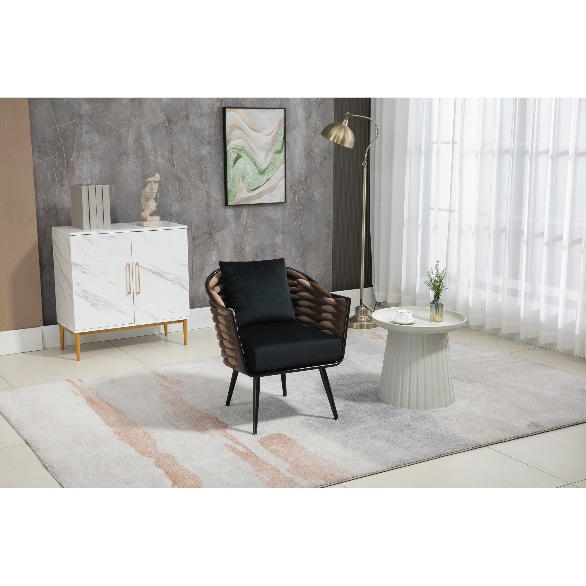 Velvet Upholstered Tufted Barrel Chair With Golden feet Black