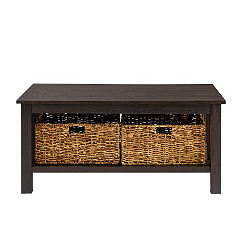 Walker Edison Coastal Black Living Room Coffee Table with Lower Shelf and Faux Rattan Wicker Baskets, 40 Inch