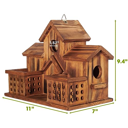 MIXUMON Bird Houses for Outside with Bird Feeder, Outdoor 3 Hole Bird House Room for 3 Bird Families Bluebird Finch Cardinals Hanging Birdhouse for Garden