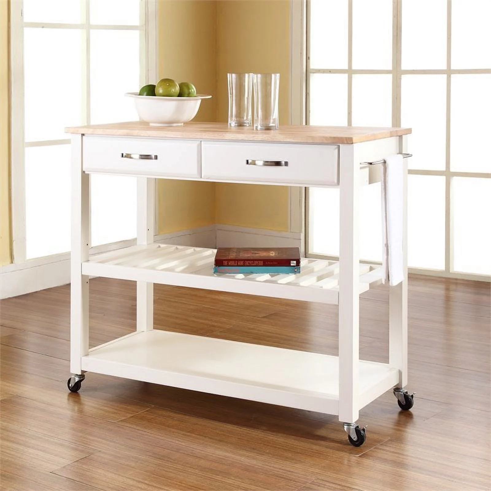 Bowery Hill 2-Drawer Wood Kitchen Cart Island in White/Natural