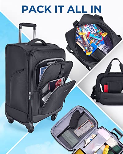 BAGSMART Expandable 20 inch Carry on Luggage Airline Approved, Lightweight Carry on Suitcase with Spinner Wheels, Family Travel Suitcase Set with Duffle Bag-Black