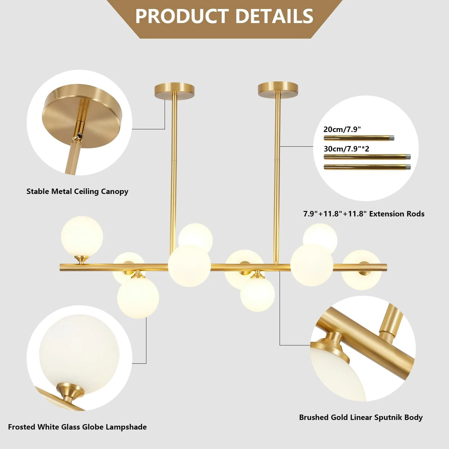 WANHUI Modern Gold Globe Sputnik Chandelier Mid Century Brass Linear Chandelier 10-Lights Frosted White Glass Ball Pendant Light Ceiling Lamp Dining Light Fixture Over Table