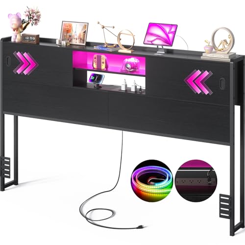 Homieasy Headboard for Queen Size Bed with Storage, Sturdy Bookcase Headboards with Outlet, USB & LED Light, Queen Size Headboard Only, Head Board with Sliding Doors & Bed Adapter for Bedroom, Black