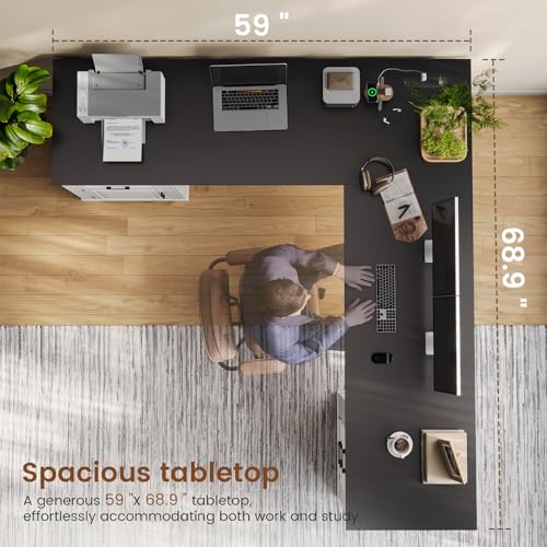 Itaar Farmhouse Executive L Shaped Desk, Home Office Desk with File Drawer and Power Outlet, Computer Corner Desk with Drawers and Storage Cabinet, Workstation for Office Home, White