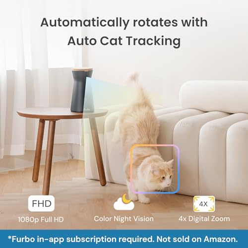 Furbo 360° Cat Camera - Unlock Camera & Smart Features w/Paid Plan: Home Security & Pet Safety Alerts, Rotating Treat Dispenser w/Speaker, Smart Cam w/Phone App (Subscription Required, 3mo Minimum)