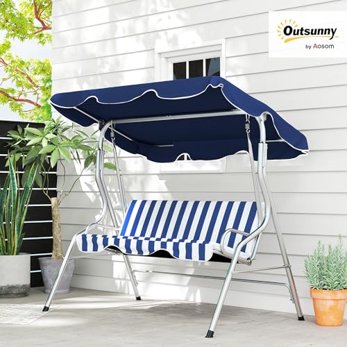 Outsunny 3-Person Porch Swing with Canopy, Patio Swing Chair, Outdoor Canopy Swing Bench with Adjustable Shade, Cushion and Steel Frame, Dark Blue & White Striped